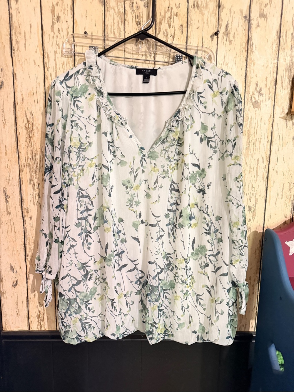 Have White Floral V-Neck Blouse with Green Vine Print